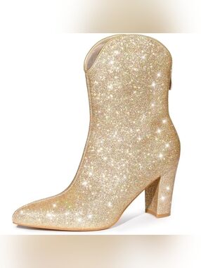 Glitter Block Heels Mid-Calf Bootie Size 7 New